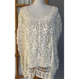 Soho Lady Open Knit Top One Size Plus Swim Cover Up Fringes Ivory Beach Coastal